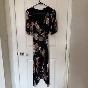 Honey Belle Black and Orange Wrap Midi Dress